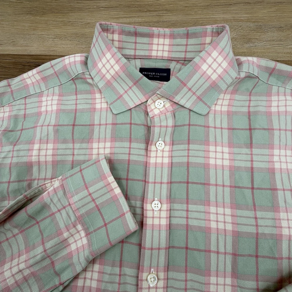 Proper Cloth Shirt Mens 2XL? Pink Green Plaid Windowpane Dress Button Up Work